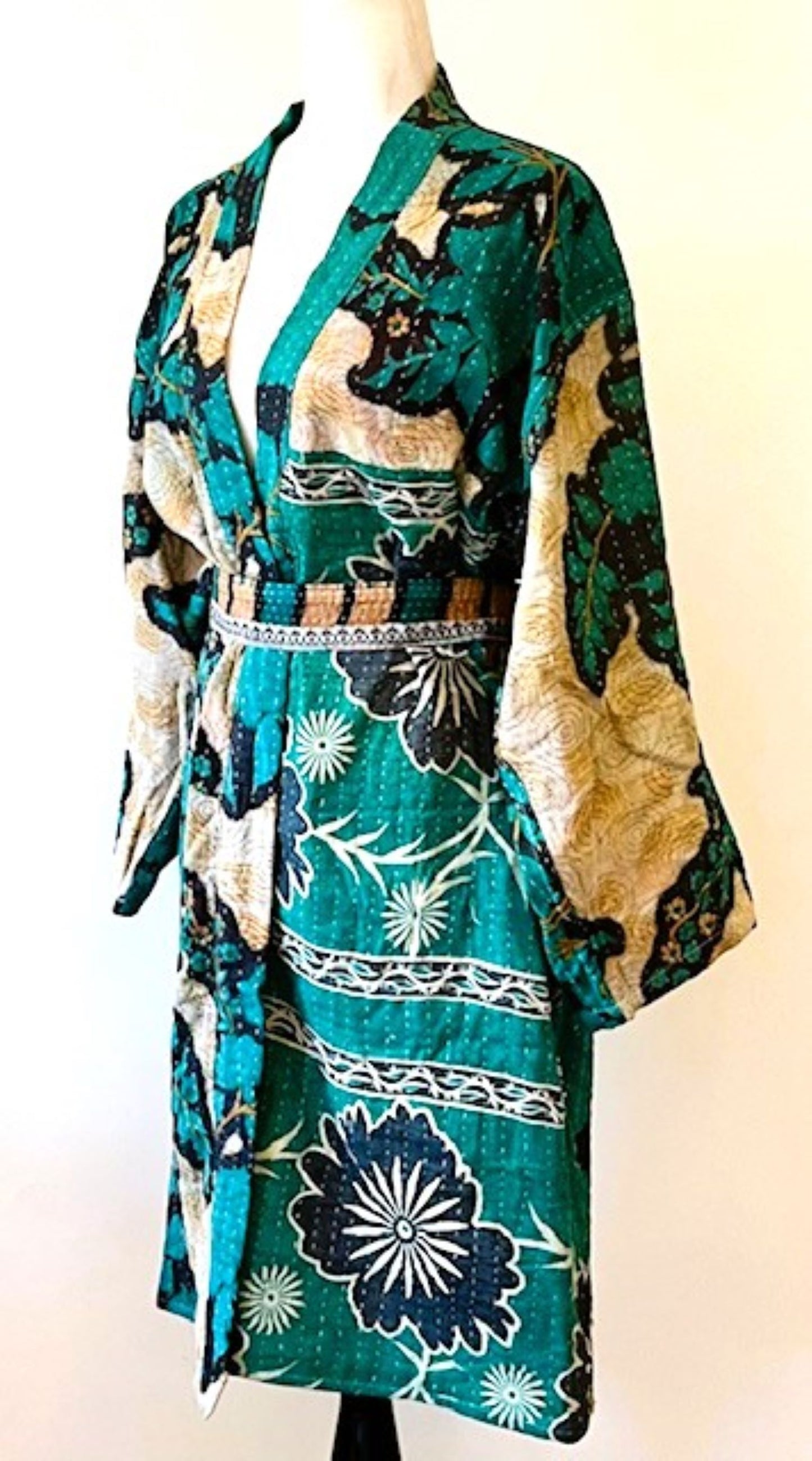 Abstract Print Kantha Quilted Coat Dress, Teal & Gold