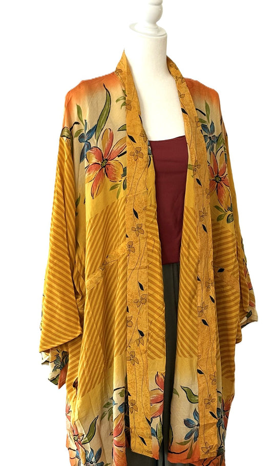 Kantha Bae Silk Dreamweaver Shortie Kimono Is An Easy Layer Piece. (Floral Gold)