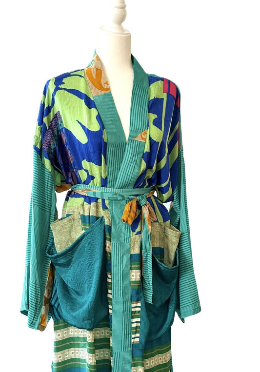 Kantha Bae Rasgulla Sari Serenity Kimono, Colorful Beauty. (Green)