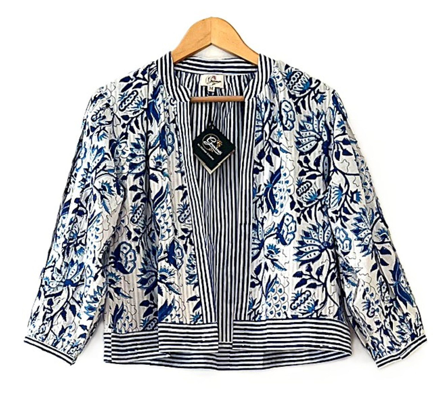 Designer Floral Jacket With Impressive Engineered Borders. Fully  Reversible. (Blue)