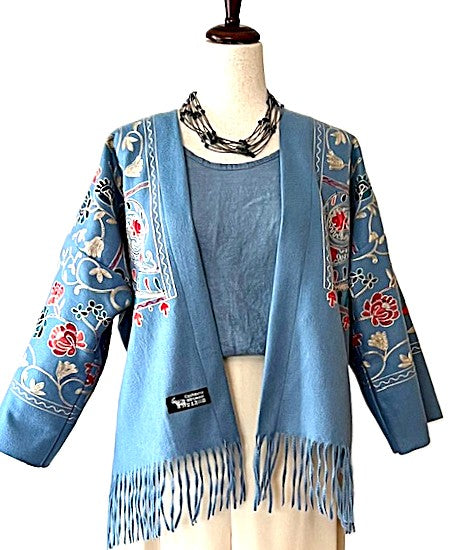 Jacket, Luxury At It's Finest. Cashmere Suzani Embroidered Jacket With Fringe. Artisan(Aqua)