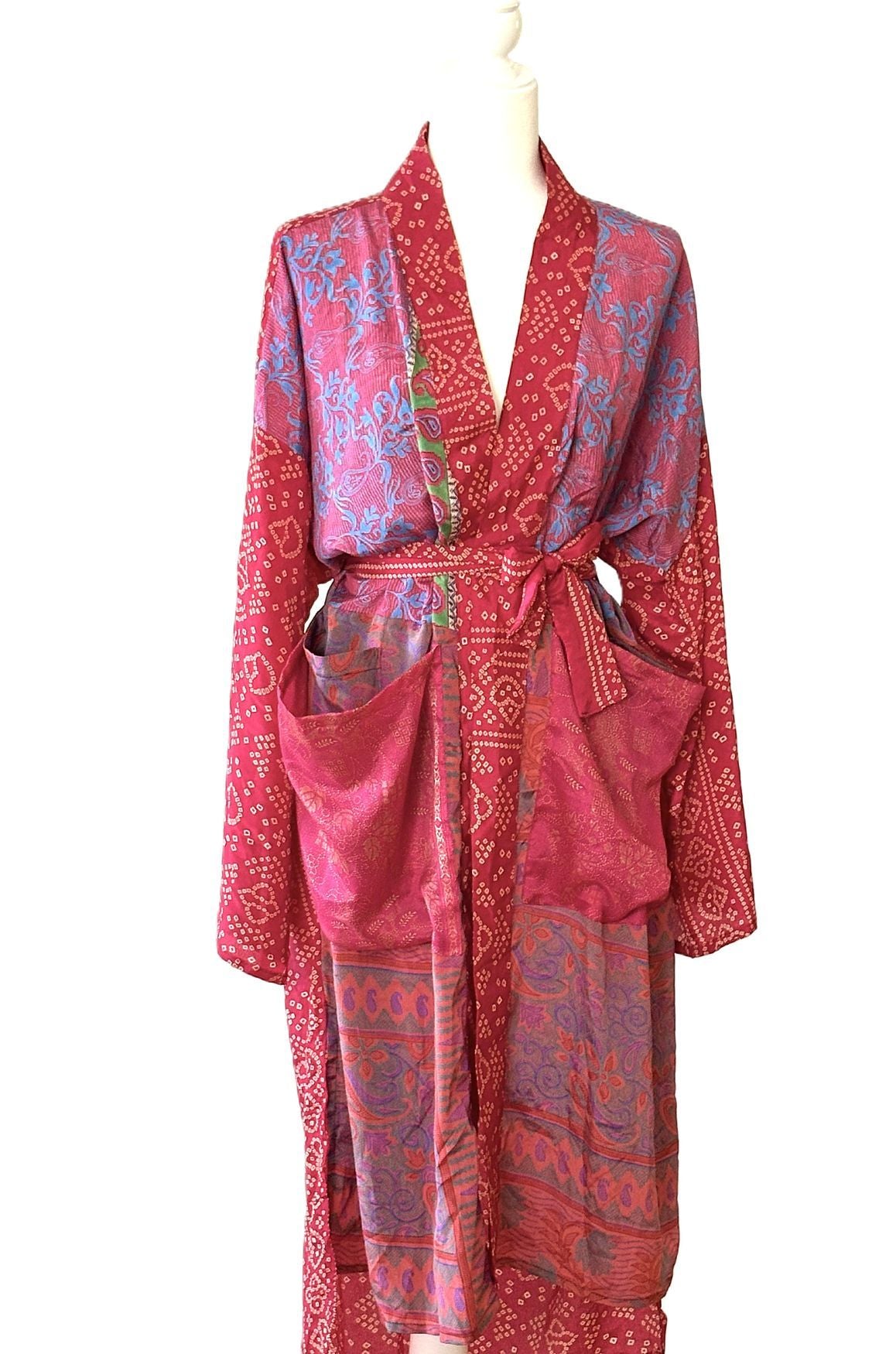 Kantha Bae Rasgulla Sari Serenity Kimono, Colorful Beauty.(Fuschia)