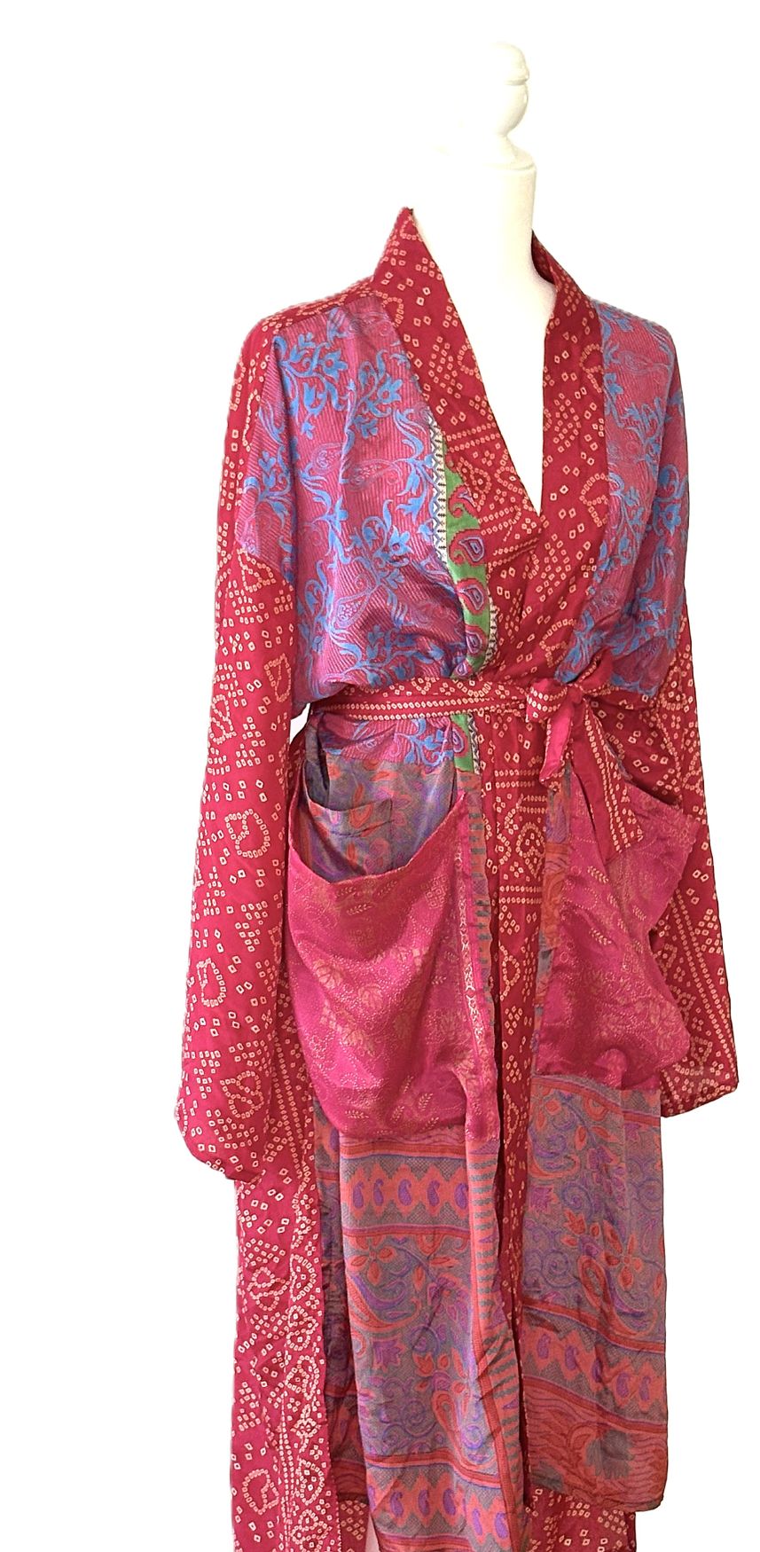 Kantha Bae Rasgulla Sari Serenity Kimono, Colorful Beauty.(Fuschia)