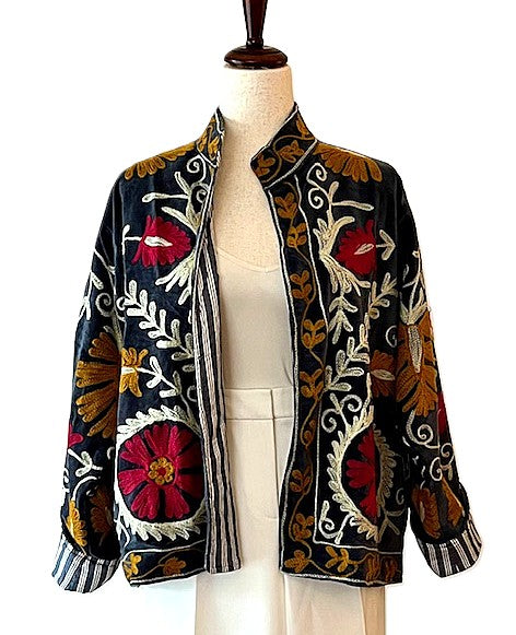 Jacket, Wearable Art In This Hand Embroidered Short Cotton Velvet Jacket, Reversible (Black)