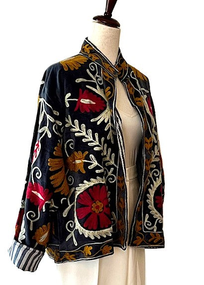 Jacket, Wearable Art In This Hand Embroidered Short Cotton Velvet Jacket, Reversible (Black)