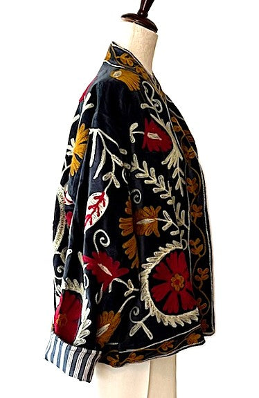 Jacket, Wearable Art In This Hand Embroidered Short Cotton Velvet Jacket, Reversible (Black)