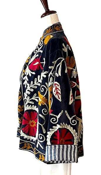 Jacket, Wearable Art In This Hand Embroidered Short Cotton Velvet Jacket, Reversible (Black)