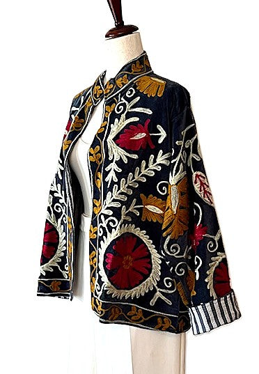 Jacket, Wearable Art In This Hand Embroidered Short Cotton Velvet Jacket, Reversible (Black)
