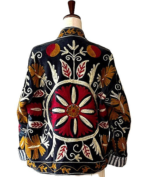 Jacket, Wearable Art In This Hand Embroidered Short Cotton Velvet Jacket, Reversible (Black)