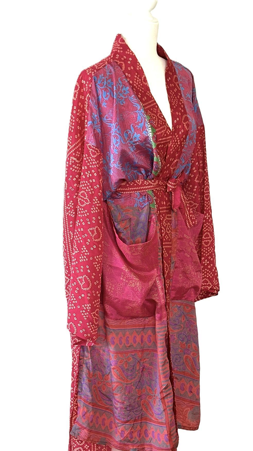Kantha Bae Rasgulla Sari Serenity Kimono, Colorful Beauty.(Fuschia)