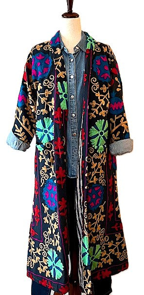 Jacket: Long Embroidered Suzani Top Coat, Color (Black Multicolor)