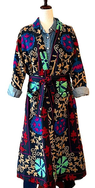 Jacket: Long Embroidered Suzani Top Coat, Color (Black Multicolor)