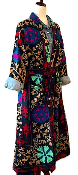 Jacket: Long Embroidered Suzani Top Coat, Color (Black Multicolor)