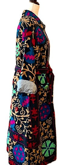 Jacket: Long Embroidered Suzani Top Coat, Color (Black Multicolor)