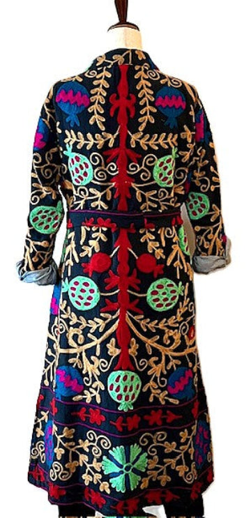 Jacket: Long Embroidered Suzani Top Coat, Color (Black Multicolor)