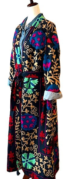 Jacket: Long Embroidered Suzani Top Coat, Color (Black Multicolor)