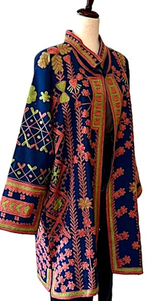 Jacket - Long Velvet Bohemian Embroidered Coat, Multicolored, Handstitched. A Favorite. (Navy)