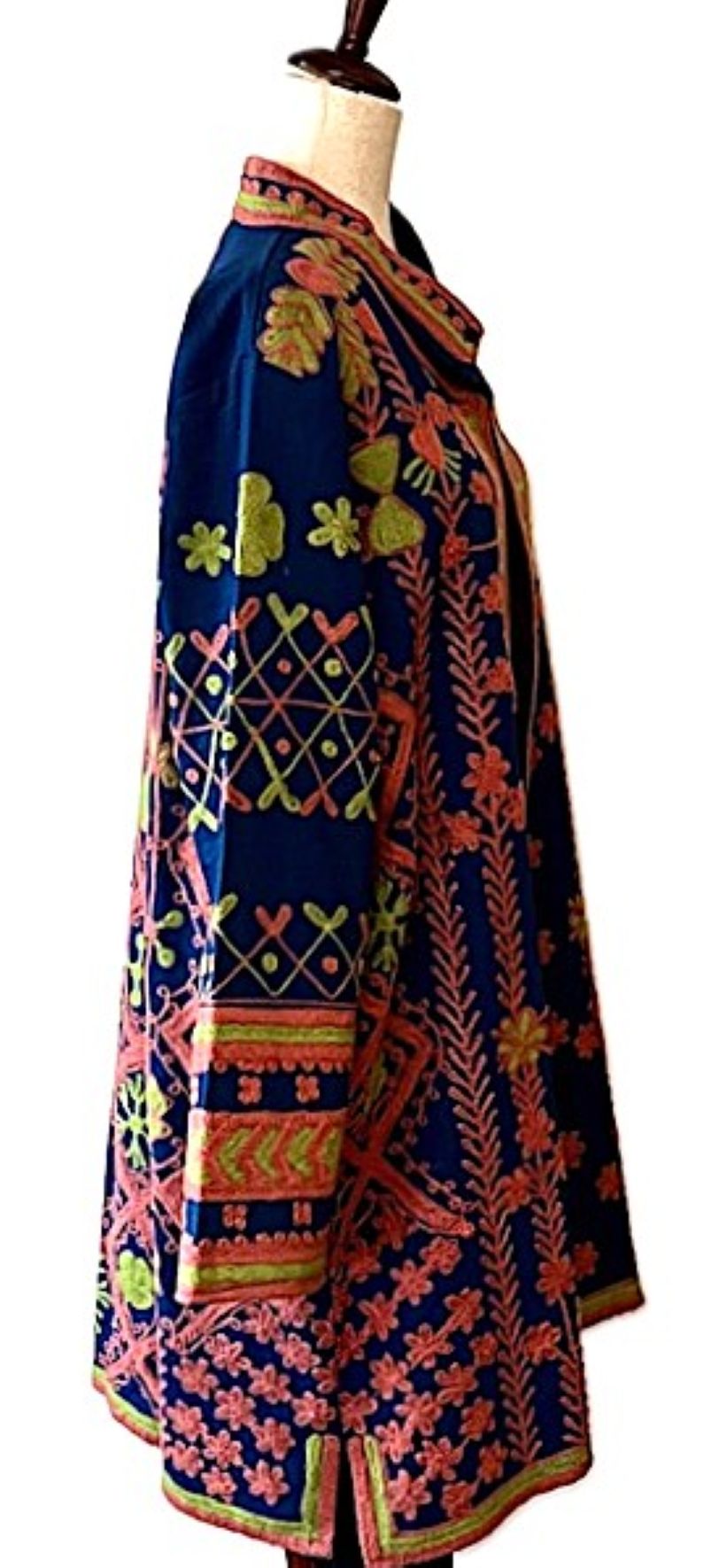 Jacket - Long Velvet Bohemian Embroidered Coat, Multicolored, Handstitched. A Favorite. (Navy)
