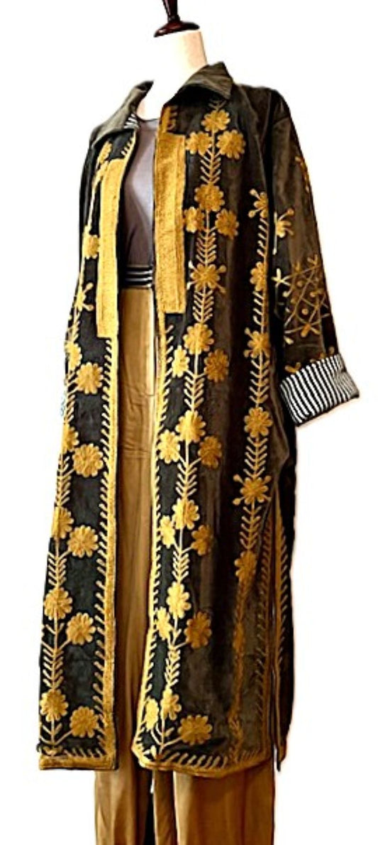 Jacket - Long Velvet Bohemian Embroidered Coat, Handstitched. A Favorite. (Black)