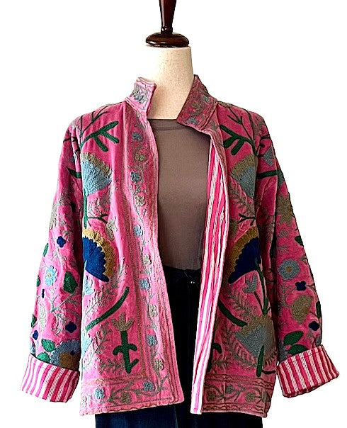 Jacket, Wearable Art In This Hand Embroidered Short Cotton Velvet Jacket, Reversible (Pink)