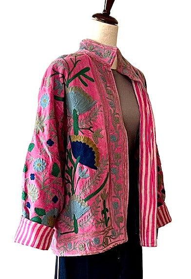 Jacket, Wearable Art In This Hand Embroidered Short Cotton Velvet Jacket, Reversible (Pink)