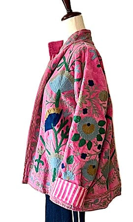 Jacket, Wearable Art In This Hand Embroidered Short Cotton Velvet Jacket, Reversible (Pink)
