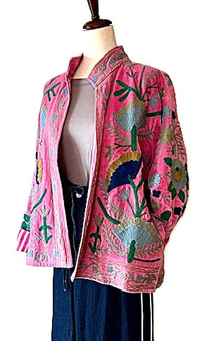 Jacket, Wearable Art In This Hand Embroidered Short Cotton Velvet Jacket, Reversible (Pink)