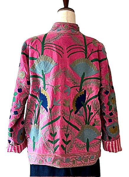 Jacket, Wearable Art In This Hand Embroidered Short Cotton Velvet Jacket, Reversible (Pink)