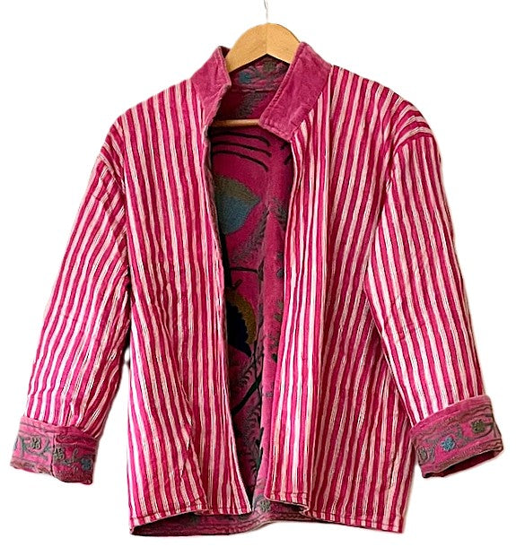 Jacket, Wearable Art In This Hand Embroidered Short Cotton Velvet Jacket, Reversible (Pink)