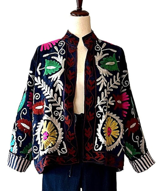 Jacket,  Wearable Art In This Hand Embroidered Velvet Short Jacket, Fully Reversible.(Black)