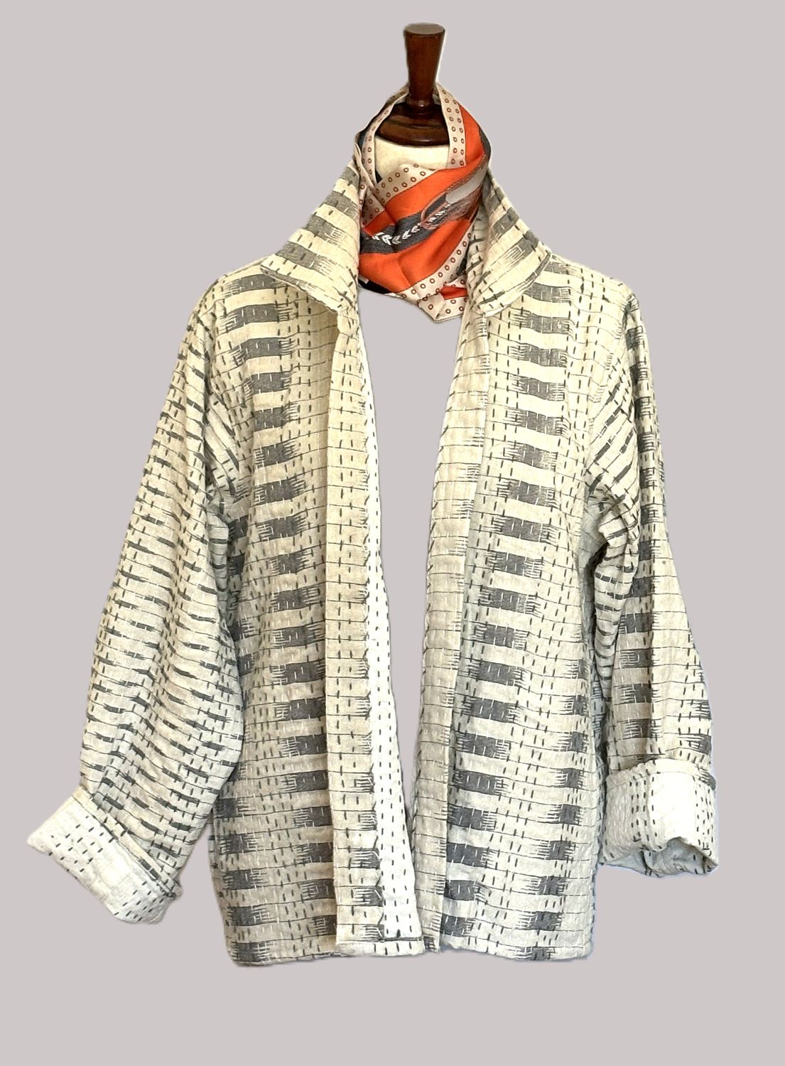 Hand Printed And Kantha Embroidered Jacket, Fully Reversible Encompasses All Seasons (Cream)