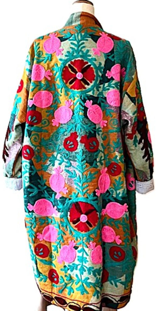 Jacket: Long Embroidered Colorful Suzani Top Coat. (Multi Colored)
