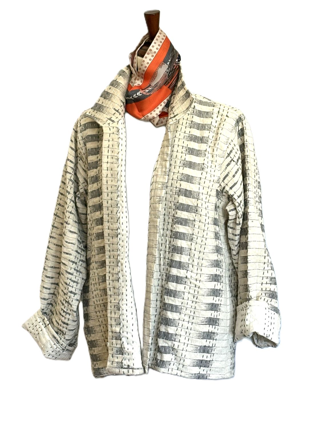 Hand Printed And Kantha Embroidered Jacket, Fully Reversible Encompasses All Seasons (Cream)