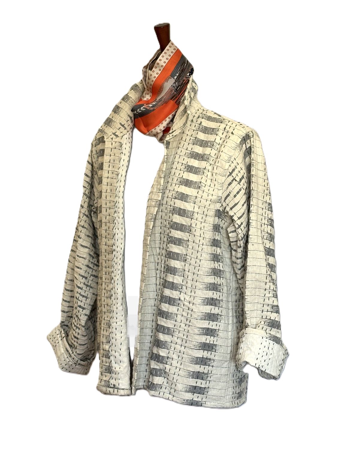 Hand Printed And Kantha Embroidered Jacket, Fully Reversible Encompasses All Seasons (Cream)