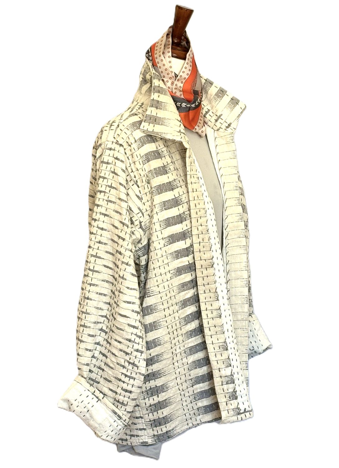Hand Printed And Kantha Embroidered Jacket, Fully Reversible Encompasses All Seasons (Cream)