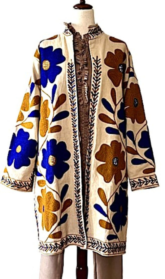 Jacket - Wearable Art In This Embroidered, Fully Reversible Boho Kimono: Handmade (Blue, Brown)