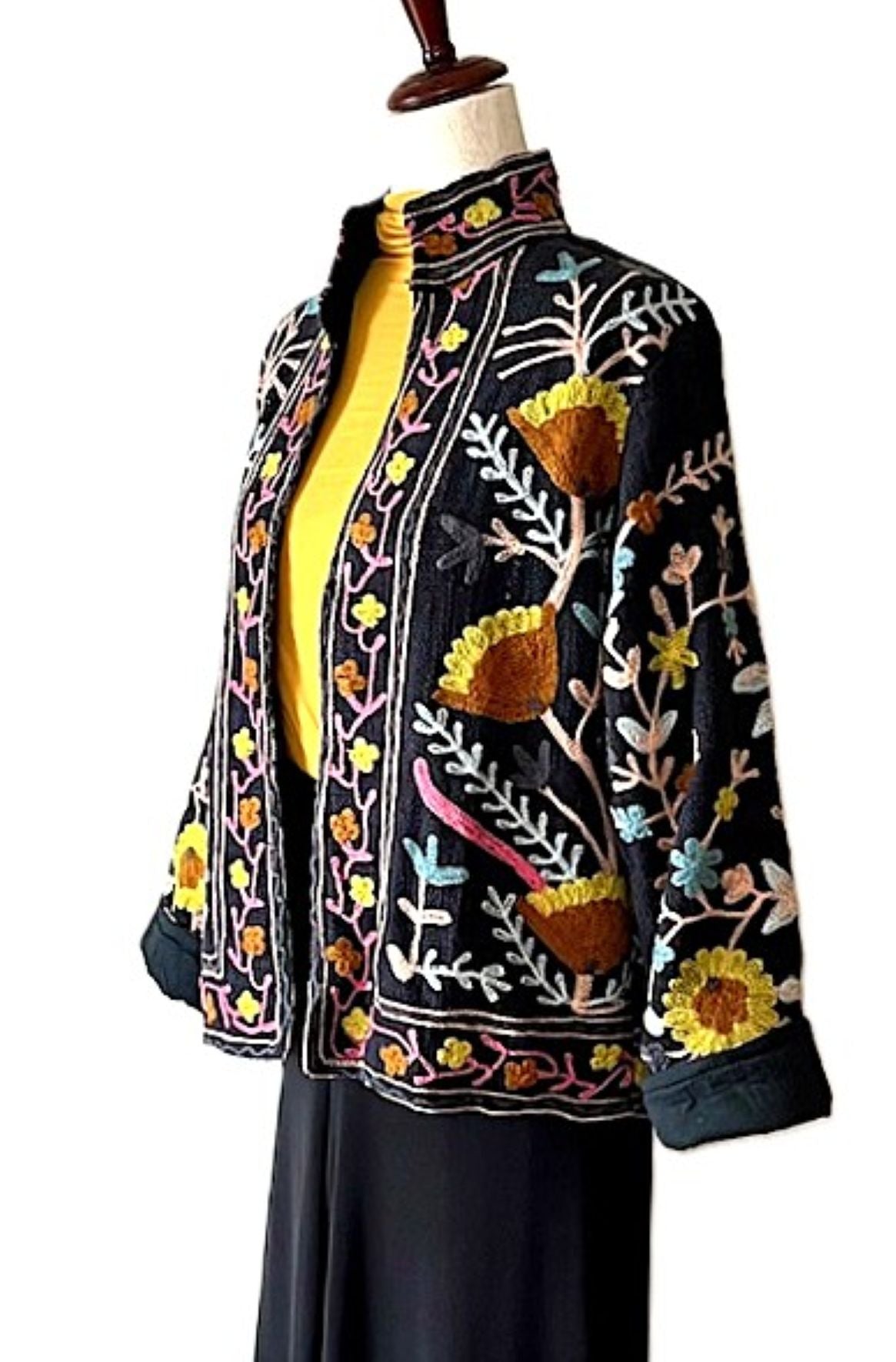 Jacket: Handmade Suzani Embroidered Cotton Jacket, Reversible (Black)