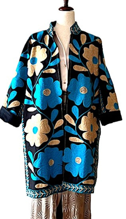 Jacket - Wearable Art,  Embroidered, Fully Reversible Boho Kimono: Handmade (Turquoise Black)