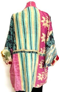 Gorgeous Open Kantha Embroidered Jacket Fully Reversible (Pink/Green Mix)
