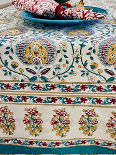 Handcrafted Foulard Block Printed Cotton Tablecloth. (Multi-Color)