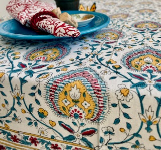 Handcrafted Foulard Block Printed Cotton Tablecloth. (Multi-Color)