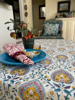 Handcrafted Foulard Block Printed Cotton Tablecloth. (Multi-Color)