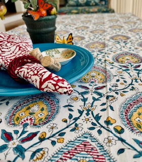 Handcrafted Foulard Block Printed Cotton Tablecloth. (Multi-Color)