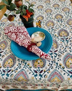 Handcrafted Foulard Block Printed Cotton Tablecloth. (Multi-Color)