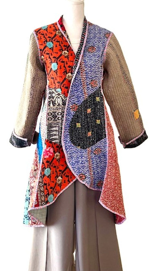 Tulip Cut Designer Waist Coat Is New and Fully Reversible. Kantha Stitching. Mixed Print