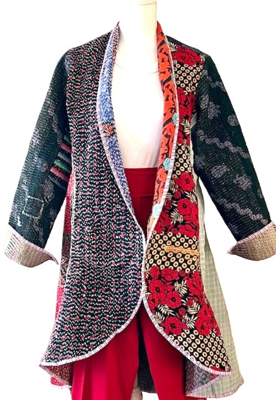 Tulip Cut Designer Waist Coat Is New and Fully Reversible. Kantha Stitching. Mixed Print