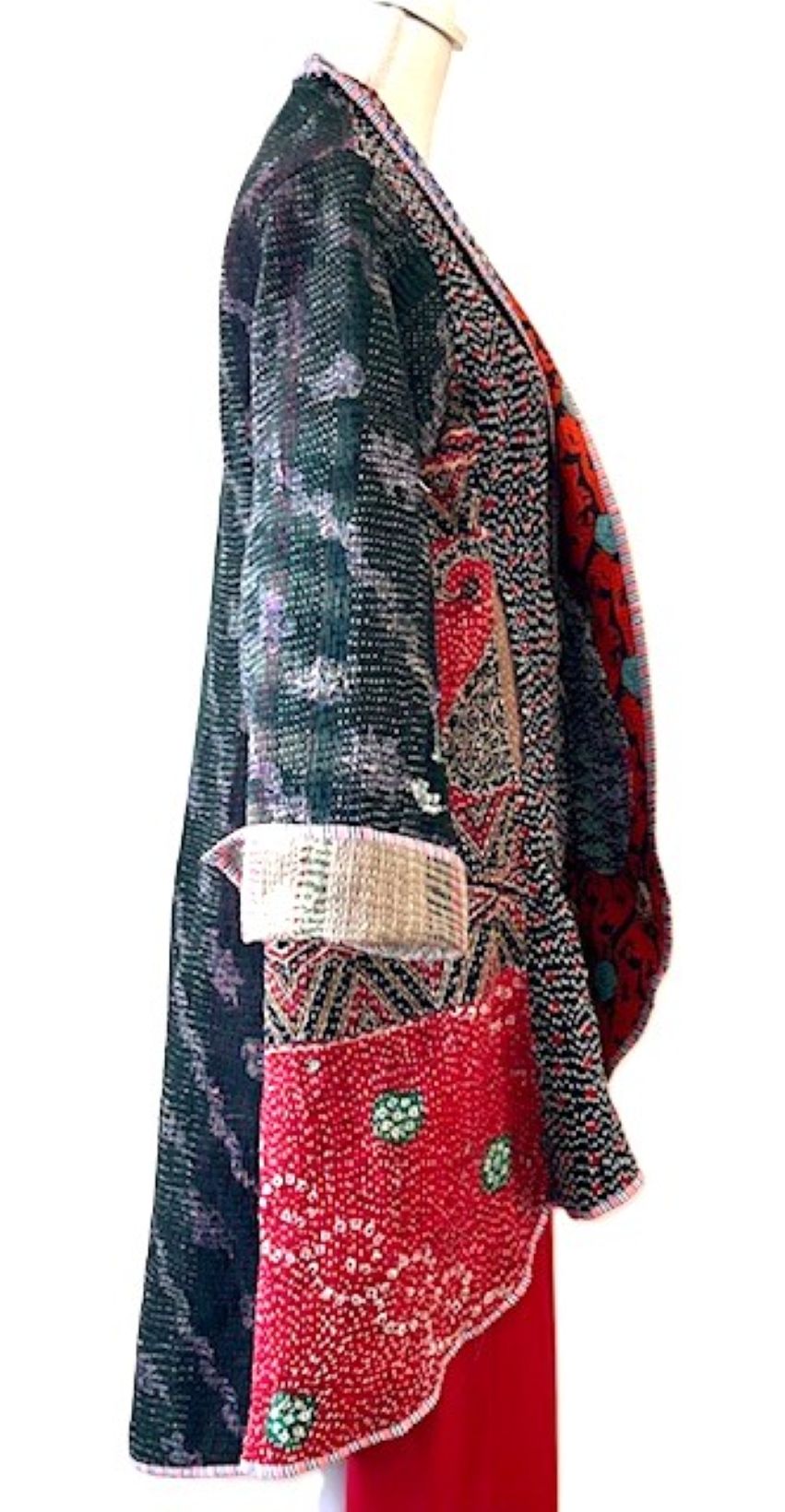 Tulip Cut Designer Waist Coat Is New and Fully Reversible. Kantha Stitching. Mixed Print