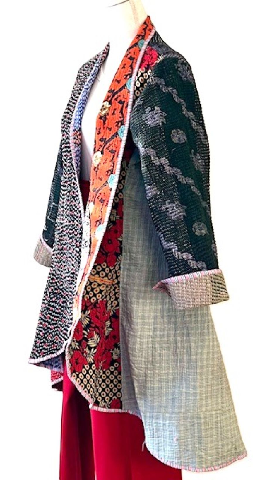 Tulip Cut Designer Waist Coat Is New and Fully Reversible. Kantha Stitching. Mixed Print