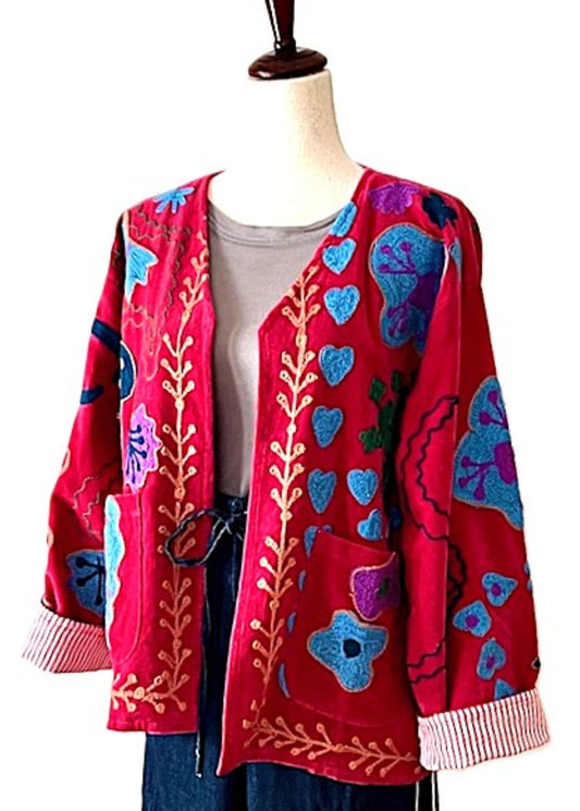 Jacket, Handmade Suzani Velvet Fully Reversible Jacket: Embroidered Folk Art Coat(Red)