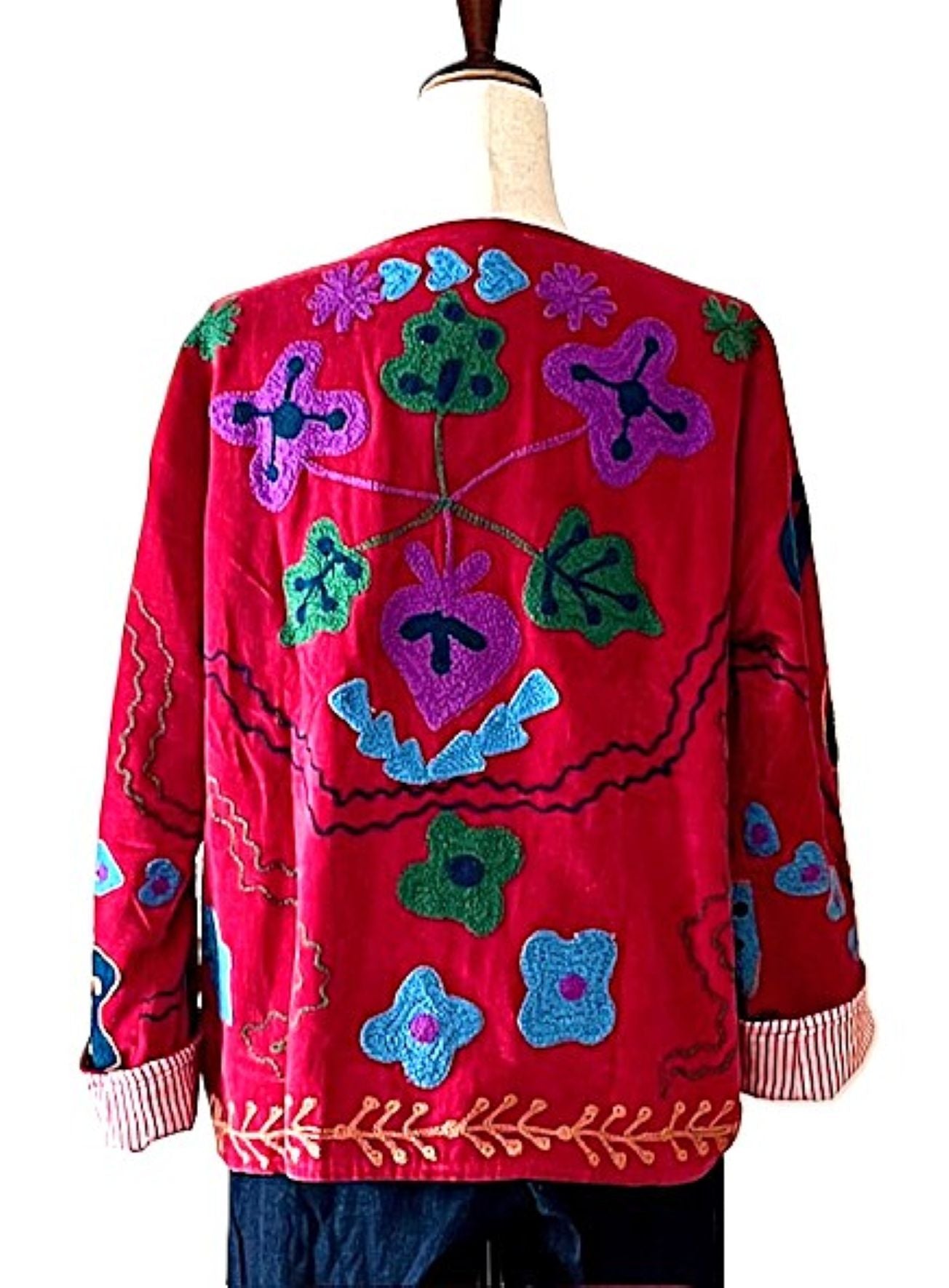 Jacket, Handmade Suzani Velvet Fully Reversible Jacket: Embroidered Folk Art Coat(Red)